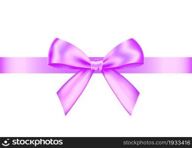 Purple realistic gift bow with horizontal ribbon isolated on white background. Vector holiday design element for banner, greeting card, poster.