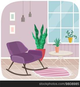 Purple rocking chair in interior with striped carpet and large window. Living room interior with furniture for elderly. Arrangement of furniture and decorations in apartment with rocking chair. Living room with furniture for elderly. Purple rocking chair and carpet in interior of apartment