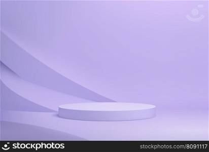 Purple round podium, product display and platform background, vector stage scene. Purple podium in studio, show pedestal in violet pastel with light, product display stand and wall backdrop. Purple round podium background, product display