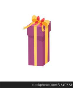 Purple shopping box decorated by yellow silk tape and topped by bow, vector Christmas surprise in package isolated on white. Wrapped gift in cardboard. Shopping Box Decorated by Silk Tape, Topped by Bow