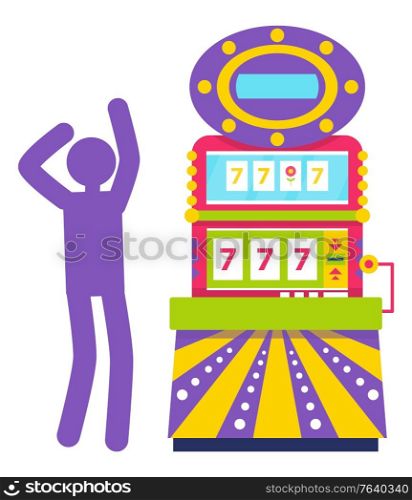 Purple silhouette of man playing colorful slot machine. Gambling vector, lucky seven, jackpot symbol ,winning money in casino, game of chance vector. Machine for gambling and winning money. Purple Silhouette of Man, Slot Machine Vector