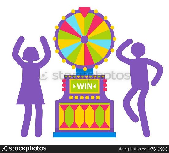 Purple silhouettes of man and woman spinning colorful fortune wheel. Lottery and gambling. Lucky roulette, game of chance, winning money, gamesome gambler or gamer bet in gaming computer machinery. Silhouettes of Man and Woman, Slot Machine Vector