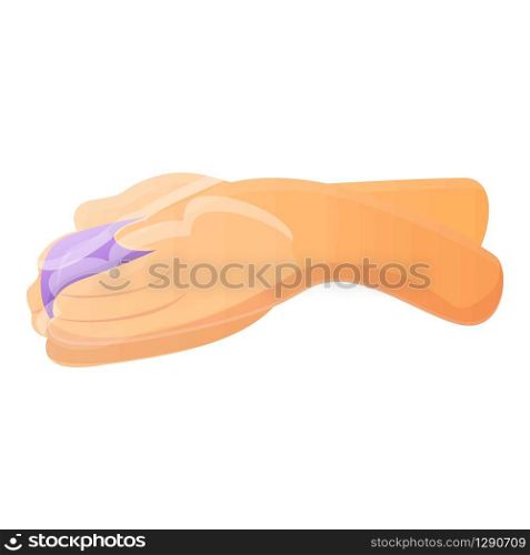 Purple soap in hands icon. Cartoon of purple soap in hands vector icon for web design isolated on white background. Purple soap in hands icon, cartoon style