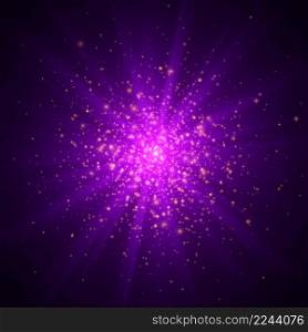 Purple star explosion with sparkles, cosmic starburst. Violet stardust, a shining star with rays isolated on a transparent background, vector light effect.. Purple star explosion with sparkles, cosmic starburst, vector light effect.