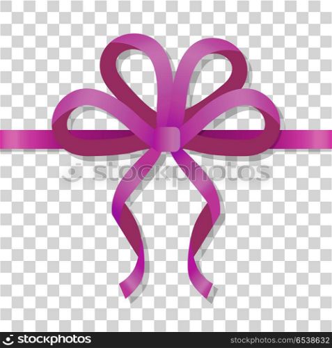 Purple Thin Bow on Transparent Background. Vector. Purple thin bow on transparent background. Luxury holiday ribbon on transparency. Horizontal silk decoration element. Handmade satin bowknot. Vector ribbon in flat style. Editable illustration icon