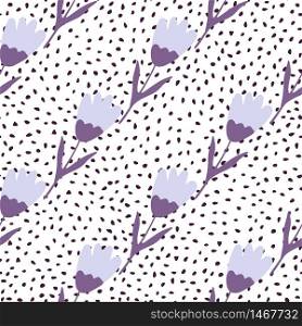 Purple tulip seamless pattern on dots background. Cute flower wallpaper. Abstract floral backdrop. Design for fabric, textile print, wrapping paper, cover. Simple vector illustration. Purple tulip seamless pattern on dots background. Cute flower wallpaper. Abstract floral backdrop.
