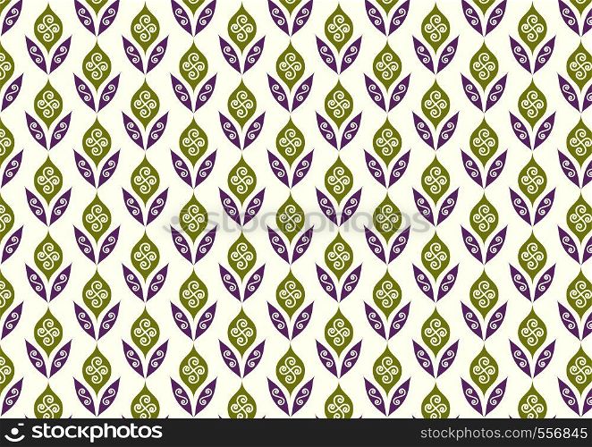 Purple vintage and old age blossom and leaves pattern on pastel background. Classic bloom and leaves seamless pattern style for old design
