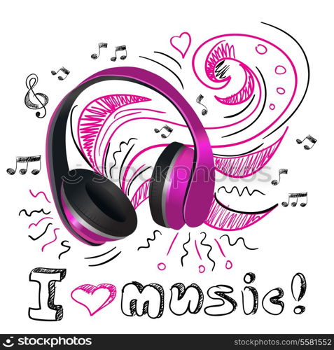 Purple wireless headphones with doodle notes and swirls background poster vector illustration