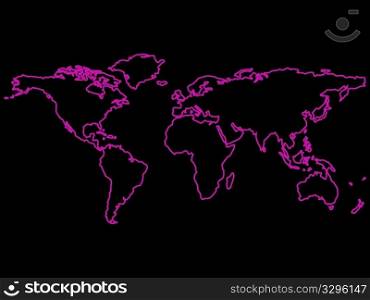 purple world map outlines over black background, abstract art illustration