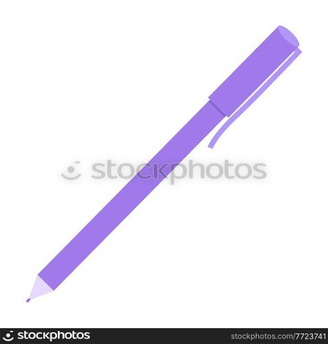 Purple writing instrument with paste inside vector illustration. A pen with a cap and a clue to hang it on paper. An invention for writing on light paper. Ballpoint pan isolated on white background. Purple writing instrument with paste inside. A pen with a cap isolated on white background