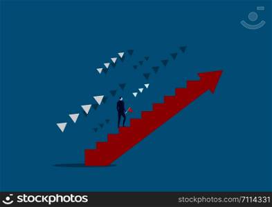 Purposeful businessman on stairs goes to goal. Mission climb to mountain. Purpose concept. Vector illustration