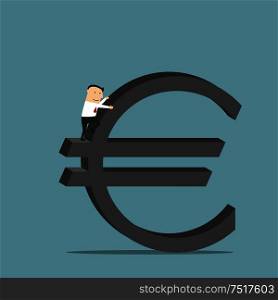 Purposeful cartoon businessman is conquering a large sign of euro currency as symbol of financial success and wealth. Use as business concept for career growth and richness design. Businessman is climbing up on euro currency symbol