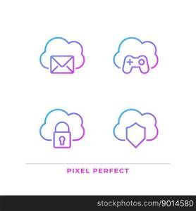 Purposes of cloud computing pixel perfect gradient linear vector icons set. Online servers in multiple spheres. Thin line contour symbol designs bundle. Isolated outline illustrations collection. Purposes of cloud computing pixel perfect gradient linear vector icons set