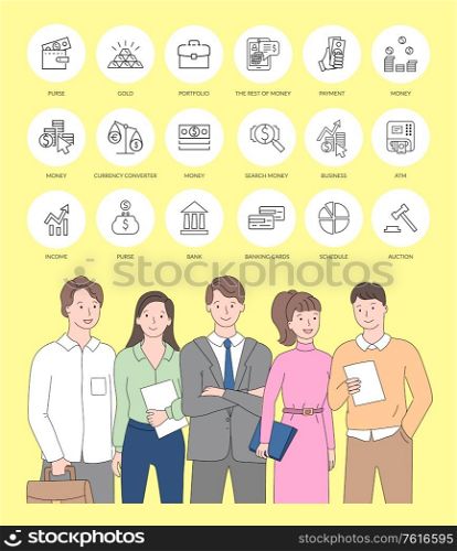 Purse and gold, portfolio and payment, rest of money, currency converter, schedule and income, auction round buttons, people closeup view vector. Bank and Currency, Money Income Buttons Vector