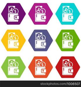 Purse icons 9 set coloful isolated on white for web. Purse icons set 9 vector