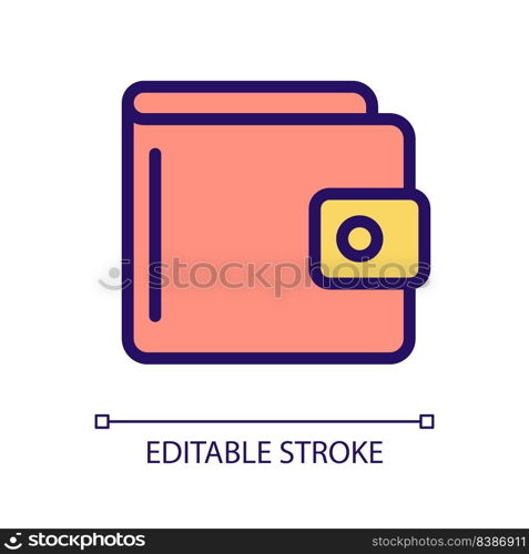 Purse pixel perfect RGB color icon. Money bag. Traditional wallet. Carry cash and coins. Secure storage. Isolated vector illustration. Simple filled line drawing. Editable stroke. Arial font used. Purse pixel perfect RGB color icon