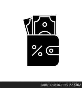 Purse with money black glyph icon. Credit interest rate. Savings to pay percentage of loan. Banking services. Wallet with currency. Silhouette symbol on white space. Vector isolated illustration. Purse with money black glyph icon