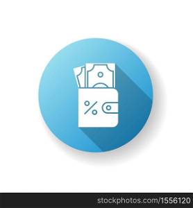 Purse with money blue flat design long shadow glyph icon. Credit interest rate. Banking services. Accounting and economy. Cash for deposit. Wallet with currency. Silhouette RGB color illustration. Purse with money blue flat design long shadow glyph icon