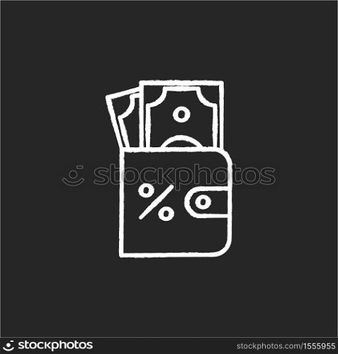 Purse with money chalk white icon on black background. Credit interest rate. Savings to pay percentage of loan. Banking services. Wallet with currency. Isolated vector chalkboard illustration. Purse with money chalk white icon on black background