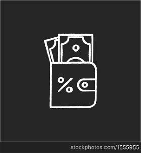 Purse with money chalk white icon on black background. Credit interest rate. Savings to pay percentage of loan. Banking services. Wallet with currency. Isolated vector chalkboard illustration. Purse with money chalk white icon on black background