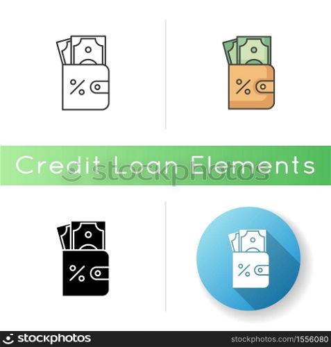 Purse with money icon. Credit interest rate. Savings to pay percentage of loan. Banking services. Wallet with currency. Linear black and RGB color styles. Isolated vector illustrations. Purse with money icon