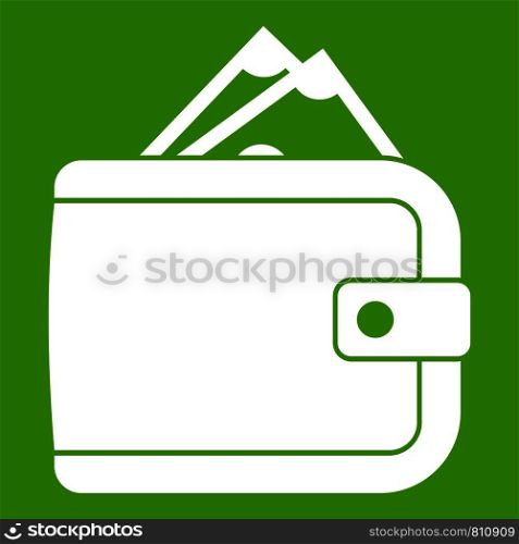 Purse with money icon white isolated on green background. Vector illustration. Purse with money icon green
