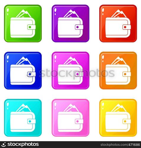 Purse with money icons of 9 color set isolated vector illustration. Purse with money icons 9 set