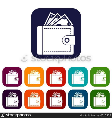 Purse with money icons set vector illustration in flat style in colors red, blue, green, and other. Purse with money icons set