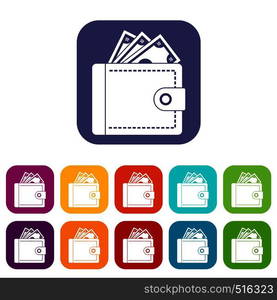 Purse with money icons set vector illustration in flat style in colors red, blue, green, and other. Purse with money icons set