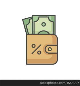 Purse with money RGB color icon. Credit interest rate. Savings to pay percentage of loan. Banking services. Accounting and economy. Cash for deposit. Wallet with currency. Isolated vector illustration. Purse with money RGB color icon