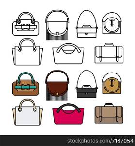 Purses and bags flat vector design. Line and color bags icons on white background. Purses and bags flat vector design. Line and color bags icons