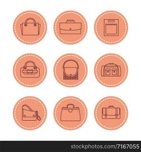 Purses and busines bags patches set. Line bags vector icons. Illustration of bag and purse, leather accessory handbag. Purses and busines bags patches set. Line bags vector icons