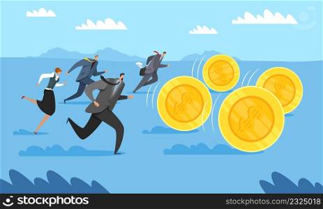 Pursuit of big money. Business people men and women trying to catch gold coins, successful career growth. Achieve the goals, success in career, people ambition. Vector cartoon flat isolated concept. Pursuit of big money. Business people men and women trying to catch gold coins, successful career growth. Achieve the goals, success in career, people ambition. Vector concept