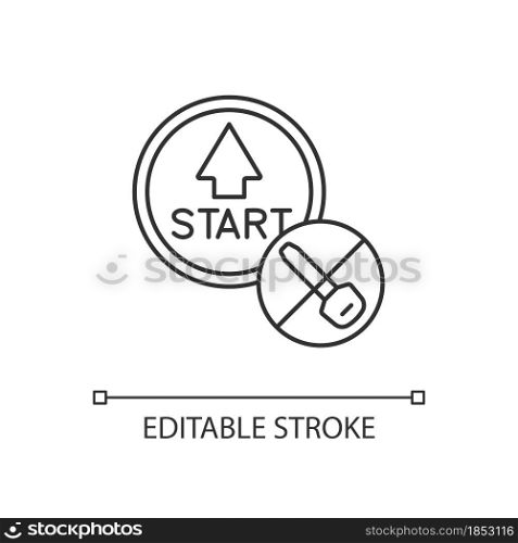 Push button start linear icon. Keyless ignition technology. Vehicle with remote starter. Thin line customizable illustration. Contour symbol. Vector isolated outline drawing. Editable stroke. Push button start linear icon
