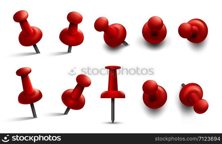 Push pin in different angles. Red thumbtack for attachment. Pushpins with metal needle and red head isolated vector set. Pushpin needle, red attach thumbtack illustration. Push pin in different angles. Red thumbtack for attachment. Pushpins with metal needle and red head isolated vector set