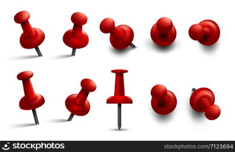 Push pin in different angles. Red thumbtack for attachment. Pushpins with metal needle and red head isolated vector set. Pushpin needle, red attach thumbtack illustration. Push pin in different angles. Red thumbtack for attachment. Pushpins with metal needle and red head isolated vector set