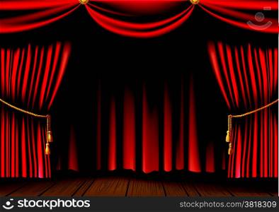 push the red theater curtain with tassels and cord and wooden platform