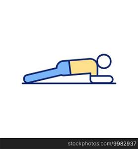 Push-ups RGB color icon. Building upper body strength. Pulling in abdominal muscles. Maintaining triceps, pectoral muscles and shoulders. Strengthening exercise. Isolated vector illustration. Push-ups RGB color icon