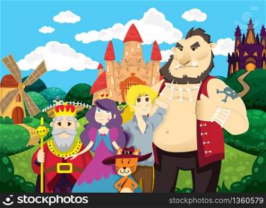 Puss in Boots. Beautiful background with castles, pond, mill and fields. Characters of fairy tales puss, princess, king, boy and ogre. Children&rsquo;s vector illustration. Fairy tale background.