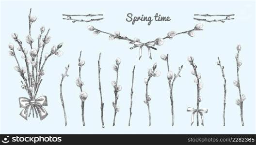 Pussy Willow branches set. Spring bouquet with ribbon bow. Hand-drawn sketch black and white design isolated on blue background. Outline Sunday Easter symbol collection. Vector illustration.. Pussy Willow branches set. Spring bouquet with ribbon bow. Hand-drawn sketch black and white design isolated on blue background. Outline Sunday Easter symbol collection. Vector.