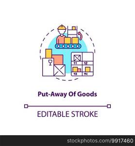 Put away of goods concept icon. Warehouse management components. Stored away on shelves in warehouse. Store idea thin line illustration. Vector isolated outline RGB color drawing. Editable stroke. Put away of goods concept icon