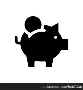Put coin into piggy bank black glyph ui icon. Save money. Budget and capital. User interface design. Silhouette symbol on white space. Solid pictogram for web, mobile. Isolated vector illustration. Put coin into piggy bank black glyph ui icon