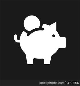 Put coin into piggy bank dark mode glyph ui icon. Budget and capital. User interface design. White silhouette symbol on black space. Solid pictogram for web, mobile. Vector isolated illustration. Put coin into piggy bank dark mode glyph ui icon
