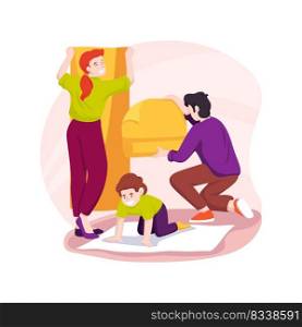 Put wallpapers isolated cartoon vector illustration. Happy family doing renovation, kids helping parents to put wallpaper, applying glue, decorating walls, improving home design vector cartoon.. Put wallpapers isolated cartoon vector illustration.