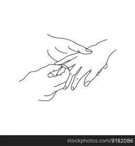 Puts ring on finger, contour hand in hand, symbolic gift or ceremony, outline vector illustration