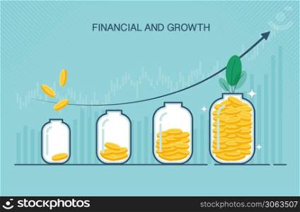 Putting gold coins into glass clear bottle in flat, suitable for Growth Business or Financial investment. vector cartoon design.