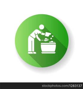 Putting soil into flower pot green flat design long shadow glyph icon. Planting preparation stage. Plant growing. Indoor gardening. Domestic plants cultivation. Silhouette RGB color illustration