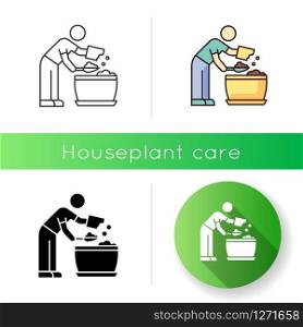 Putting soil into flower pot icon. Planting preparation stage. Plant growing process. Indoor gardening. Domestic plants cultivation. Linear black and RGB color styles. Isolated vector illustrations