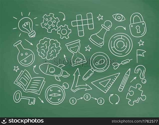Puzzle and riddles hand drawn icons on chalkboard. Crossword puzzle, Maze, Brain, Chess piece, Light bulb and labyrinth, gear, lock and key. Vector illustration in doodle style on white background.. Puzzle and riddles hand drawn icons on chalkboard. Crossword puzzle, Maze, Brain, Chess piece, Light bulb and labyrinth, gear, lock and key. Vector illustration in doodle style on white background