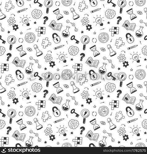 Puzzle and riddles. Hand drawn seamless pattern with crossword puzzle, maze, brain, chess piece, light bulb, labyrinth, gear, lock and key. Vector illustration in doodle style on white background. Puzzle and riddles. Hand drawn seamless pattern with crossword puzzle, maze, brain, chess piece, light bulb, labyrinth, gear, lock and key